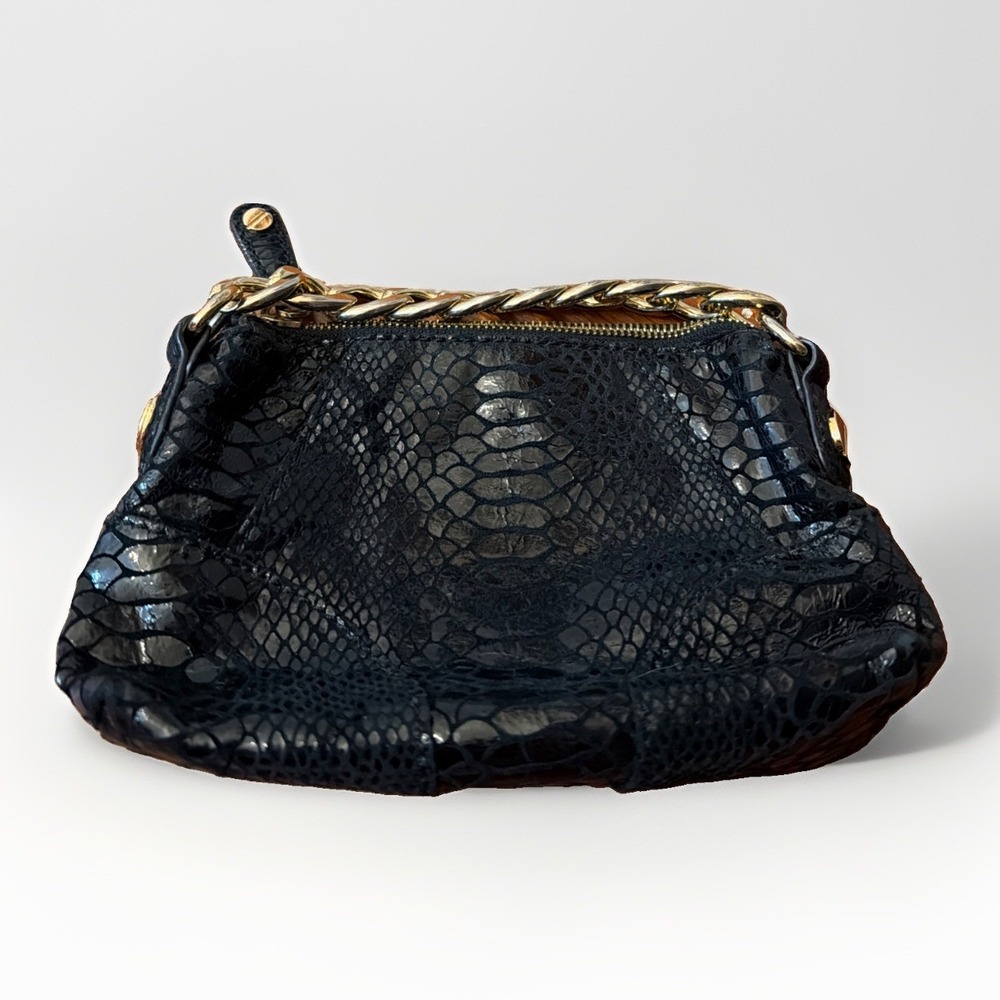 Michael Kors Black Python Embossed Leather Tote Bag Gold Chain Strap Clutch